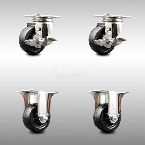 3 Inch 316SS Hard Rubber Wheel Swivel Top Plate Caster Brake 2 Rigid SCC, 2PK